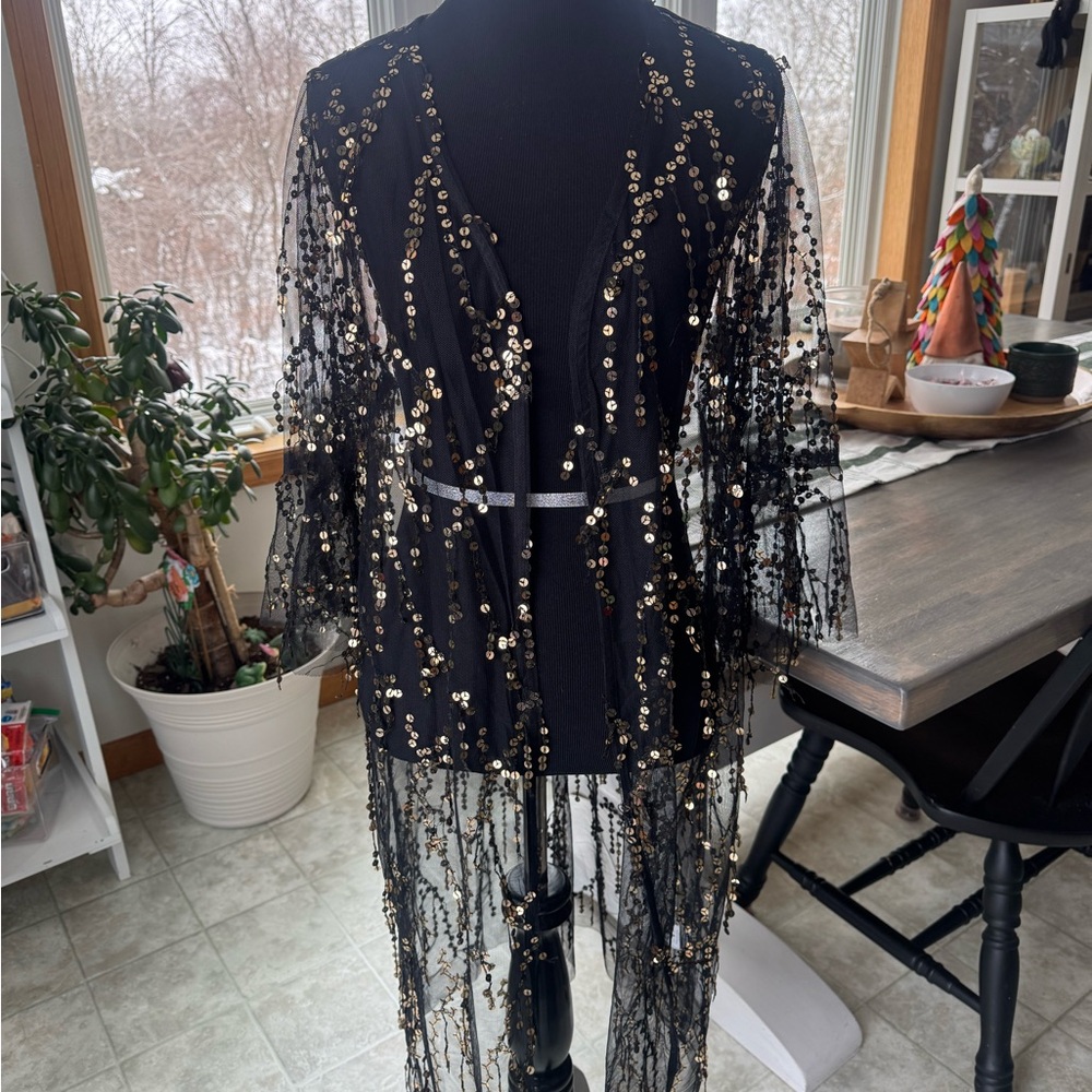 Hayden Black Sheer Kimono with Gold Accents